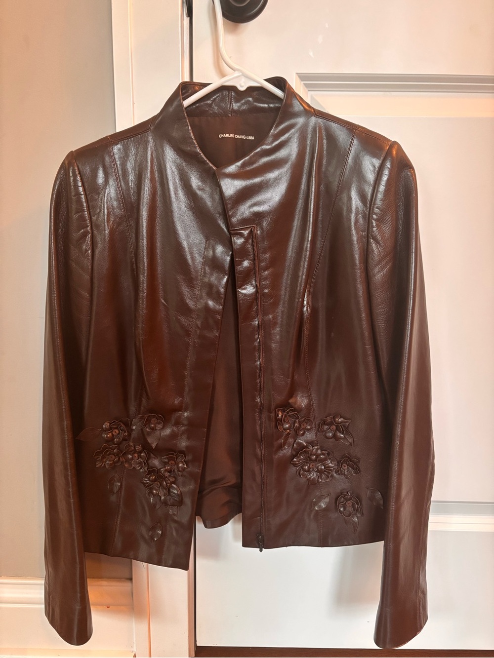 Brown Lambskin Leather Jacket with Leather Flower Appliqués Charles Chang-Lima